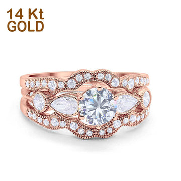 14K Rose Gold Three Piece Wedding Promise Bridal Set Ring Band Engagement Simulated CZ Size-7